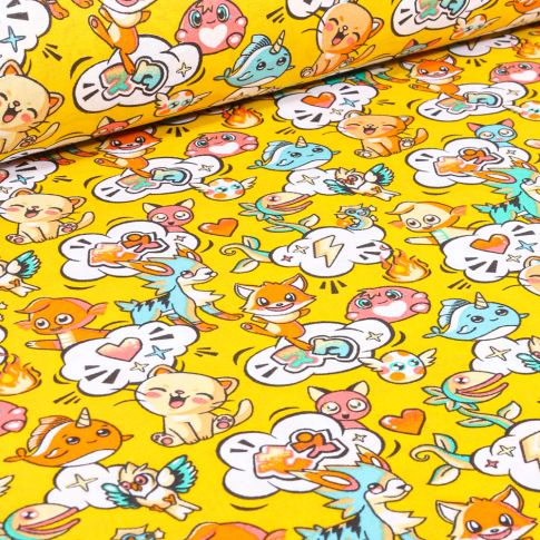 Tissu Coton imprimé Arty Cartoon sur fond Jaune