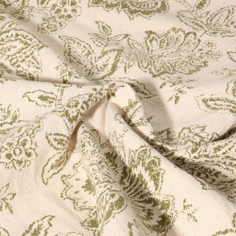 Toile de Coton  Celyan Fleuris Kaki sur fond Ecru