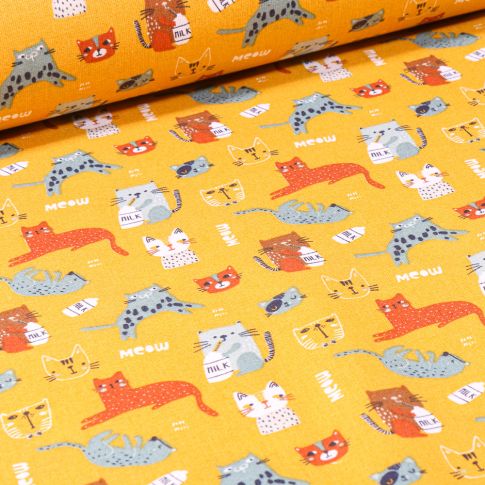Tissu Coton imprimé Arty Milky Cat sur fond Jaune