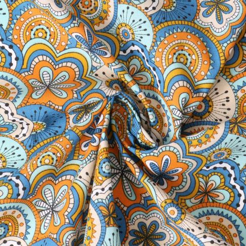Tissu Popeline de Coton  Eugénie mandala floral Orange sur fond Bleu