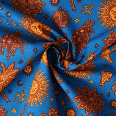 Tissu Popeline de Coton  Cassiopée motif cosmique Jaune safran sur fond Bleu roi