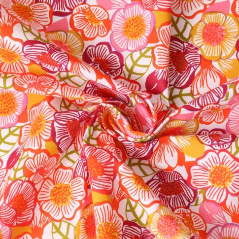 Tissu Popeline de Coton  Clem fleurs Roses sur fond Blanc