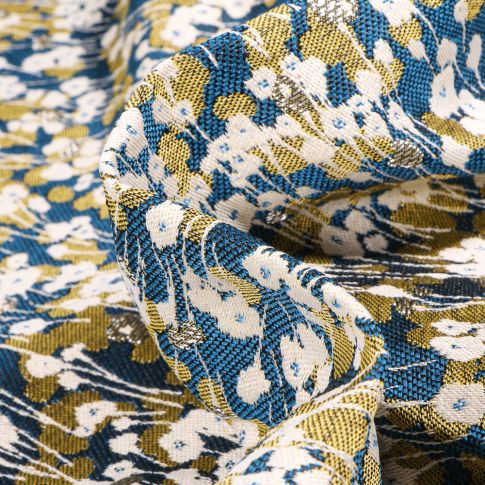 Tissu Jacquard Colchique sur fond Bleu canard