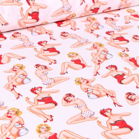 Tissu Coton imprimé Arty Pin up sur fond Blanc