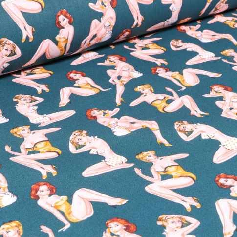 Tissu Coton imprimé Arty Pin up sur fond Bleu canard