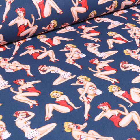 Tissu Coton imprimé Arty Pin up sur fond Bleu foncé