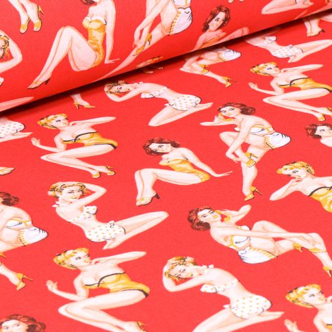 Tissu Coton imprimé Arty Pin up sur fond Rouge