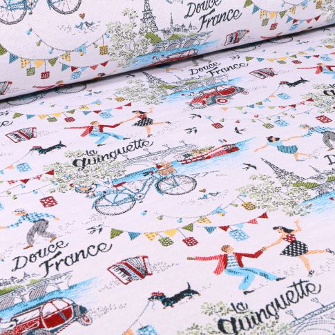 Tissu Jacquard Douce France Guinguette sur fond Blanc
