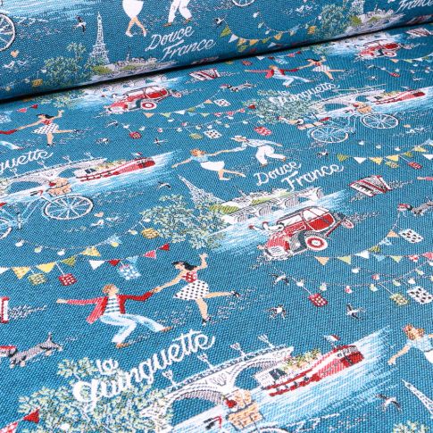 Tissu Jacquard Douce France Guinguette 2 Chevaux sur fond Bleu pétrole