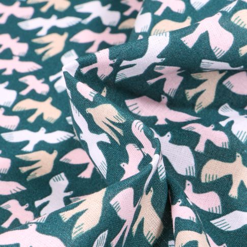 Tissu Coton imprimé Arty Oiseaux pastels sur fond Bleu canard