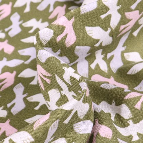 Tissu Coton imprimé Arty Oiseaux pastels sur fond Vert kaki