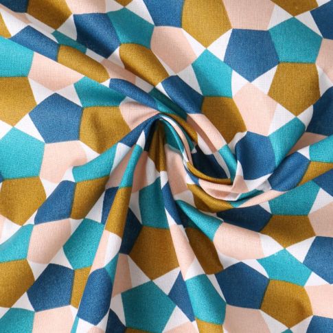 Tissu Popeline de Coton  Nora cubes imbriqués Bleus sur fond Blanc