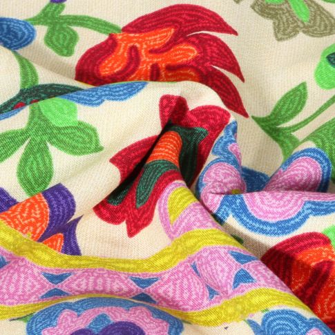 Tissu Toile de coton Galia Fleuris sur fond Ecru