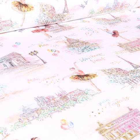 Tissu Coton sergé Arty Danseuse Garnier sur fond Blanc