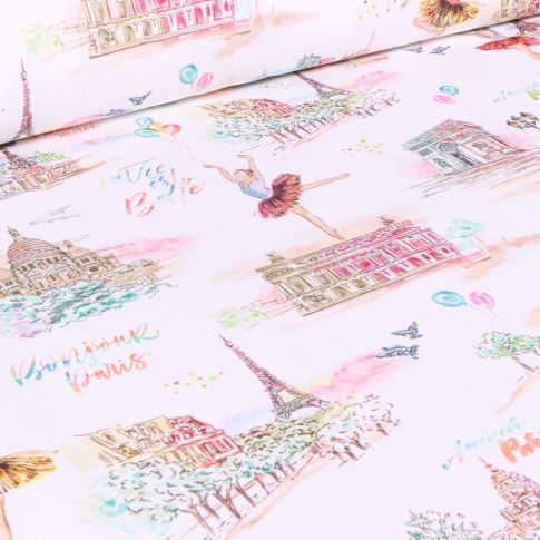 Tissu Coton imprimé Arty Bonjour Paris sur fond Blanc