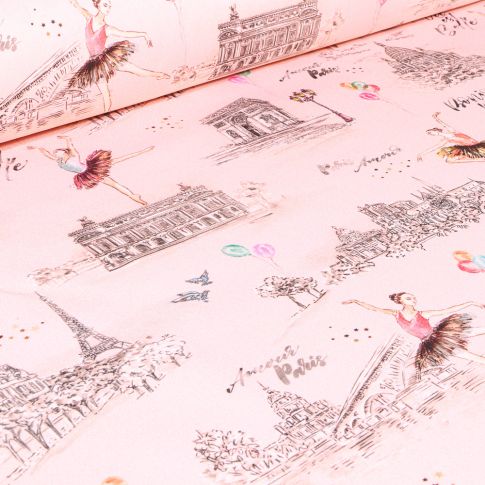 Tissu Coton imprimé Arty Bonjour Paris sur fond Rose nude