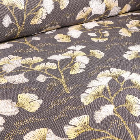 Tissu Jacquard Ginkgo graphique sur fond Gris anthracite