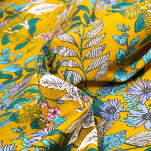 Tissu Coton imprimé Arty Glycine sur fond Jaune