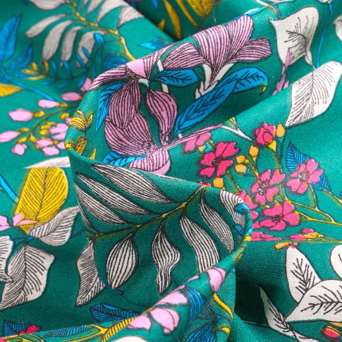 Tissu Coton imprimé Arty Glycine sur fond Vert émeraude