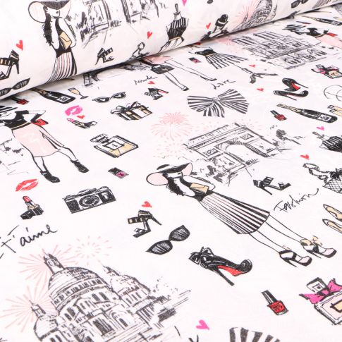 Tissu Jacquard Arty I love Paris sur fond Blanc