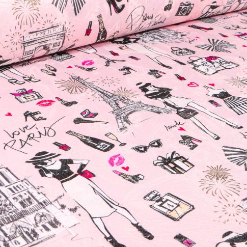 Tissu Jacquard Arty I love Paris sur fond Rose