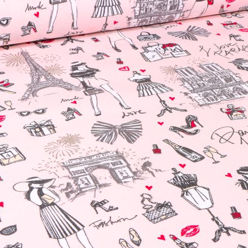 Tissu Coton enduit J'aime Paris sur fond Rose