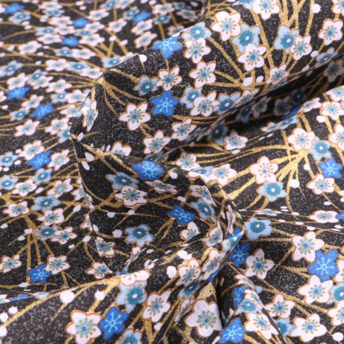 Tissu Coton imprimé Arty Japon indigo sur fond Noir