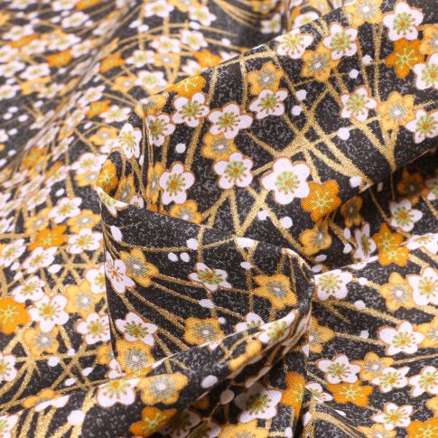 Tissu Coton imprimé Arty Japon ocre sur fond Noir