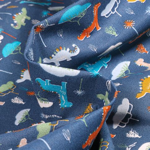Tissu Coton imprimé Arty Dino colorés sur fond Bleu marine