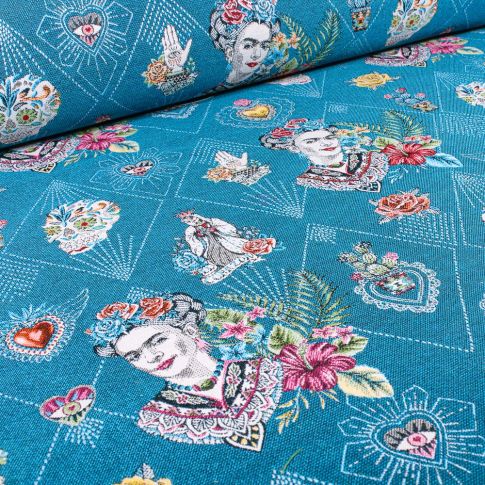 Tissu Jacquard Frida Kahlo sur fond Bleu