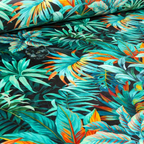 Tissu Velours d'ameublement tout doux Tropica panthère sur fond Noir