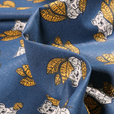 Tissu Coton imprimé Arty Koala sur fond Bleu denim