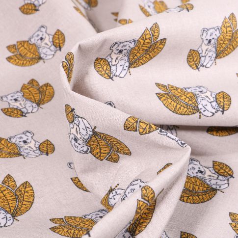 Tissu Coton imprimé Arty Koala sur fond Grège