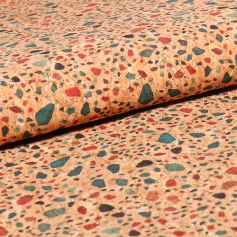 Tissu Liège Terrazzo multico sur fond Naturel