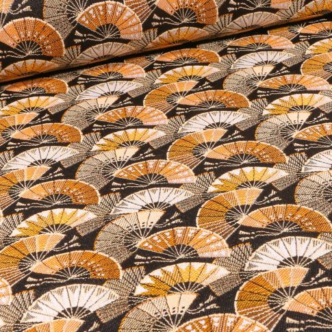 Tissu Jacquard Eventails jaune sur fond Noir