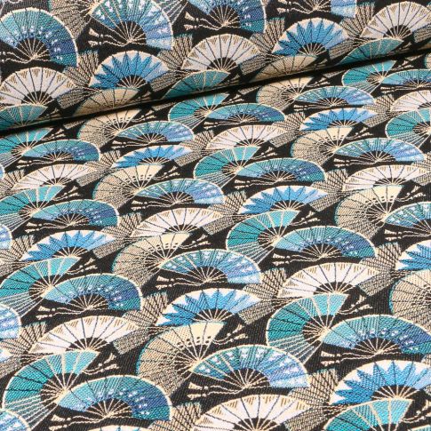 Tissu Jacquard Eventails bleus sur fond Noir