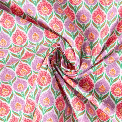 Tissu  Coton imprimé Arty Luka violet rose sur fond Vert menthe