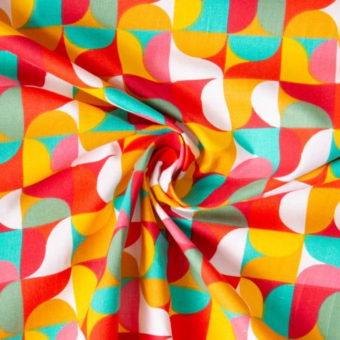 Tissu Coton imprimé  Arty Mabula Pop multicolore sur fond Rouge