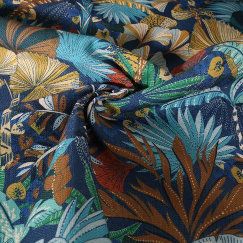 Tissu Toile aspect Canvas déperlant Magelan fleuris sur fond Bleu