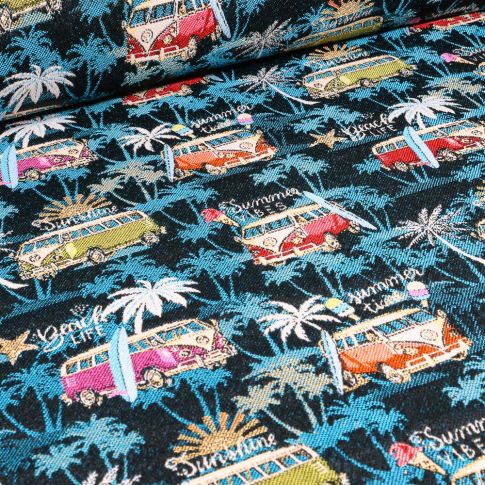 Tissu Jacquard Combi Volkswagen Malibu bleu sur fond Noir