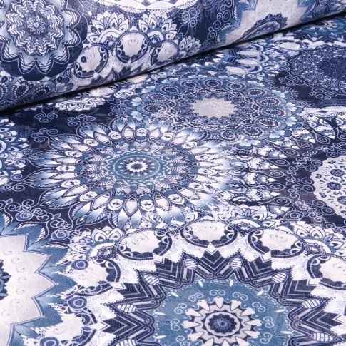 Tissu Jacquard damassé Mandala sur fond Bleu
