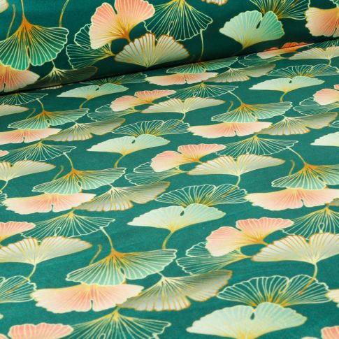 Tissu Velours ras épais tout doux  Mantra sur fond Vert émeraude