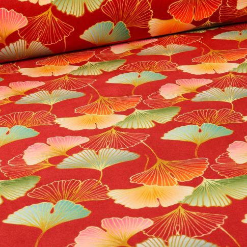 Tissu Velours ras épais tout doux  Mantra sur fond Rouge