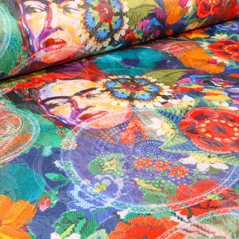 Tissu Jacquard damassé Frida Kahlo sur fond Multicolore