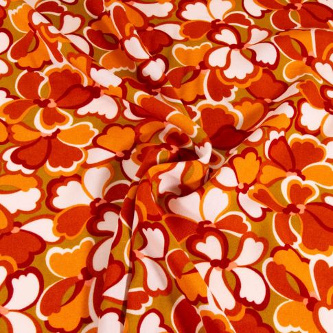 Tissu Viscose Marigold fleuris sur fond Vert kaki clair