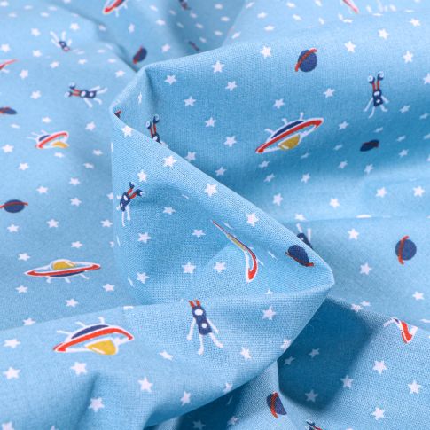 Tissu Coton imprimé Arty Martiens sur fond Bleu ciel