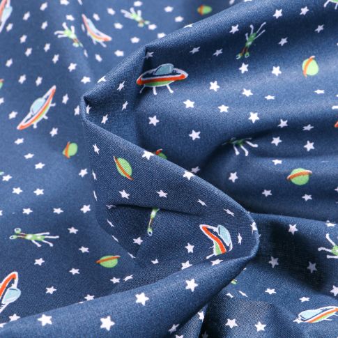Tissu Coton imprimé Arty Martiens sur fond Bleu marine