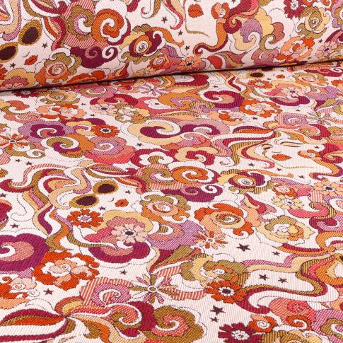 Tissu Jacquard Marylou rose sur fond Ecru