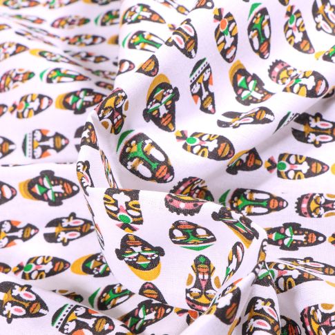 Tissu Coton imprimé Arty Tribu sur fond Blanc