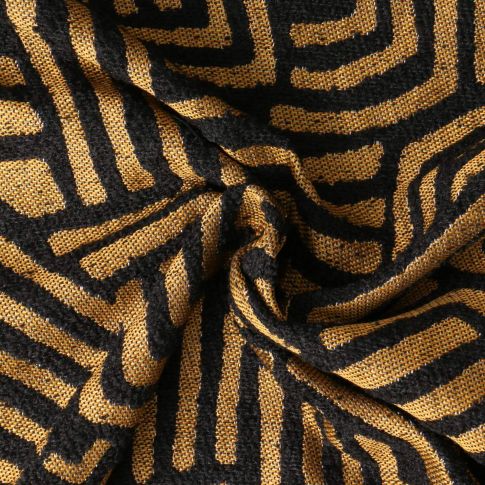 Tissu Jacquard Linaé motifs ethniques Dorés sur fond Noir profond